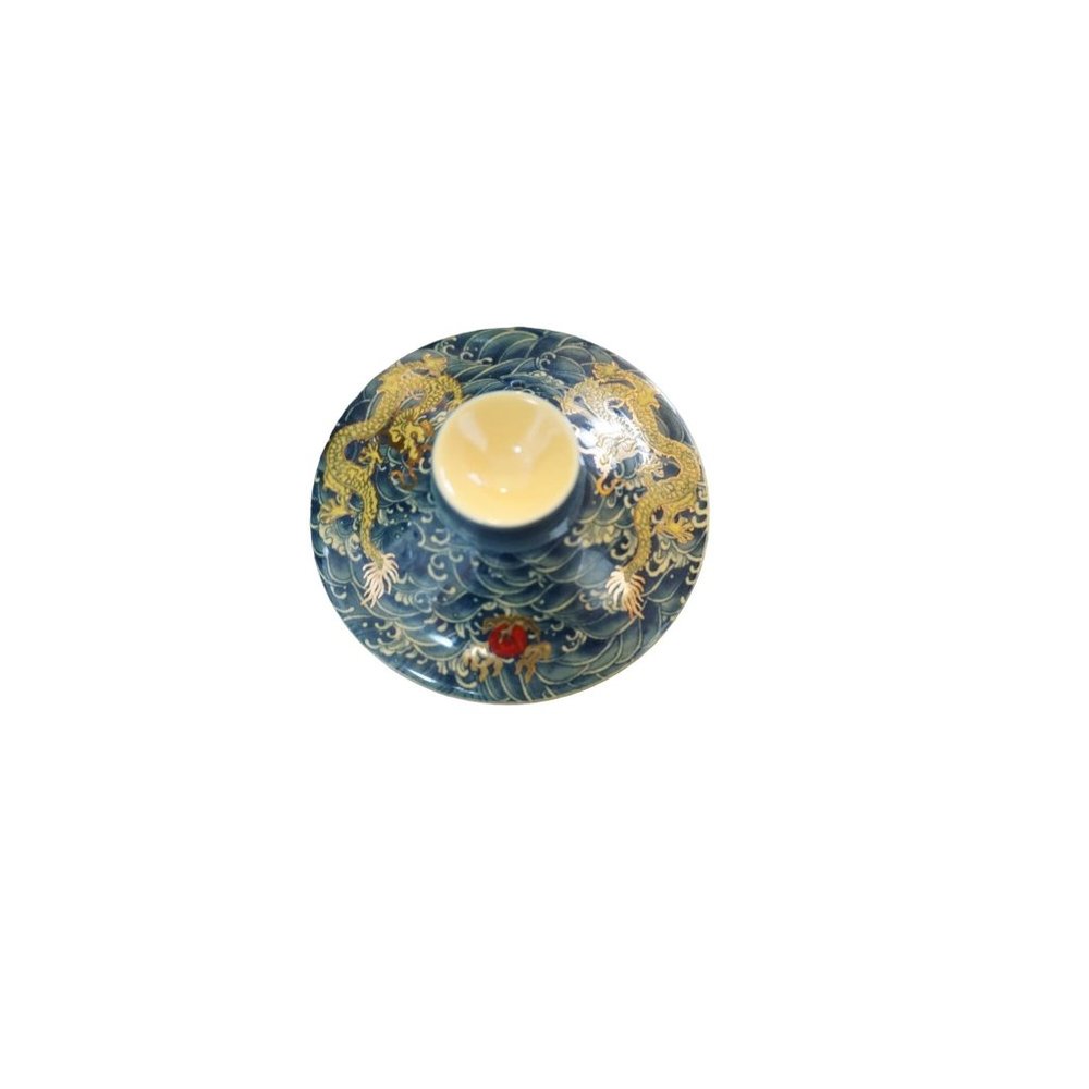 Chinese Golden Dragon Teacup Teapot Blue Red Ball Luck Sea Waves Signed READ - Picture 15 of 16